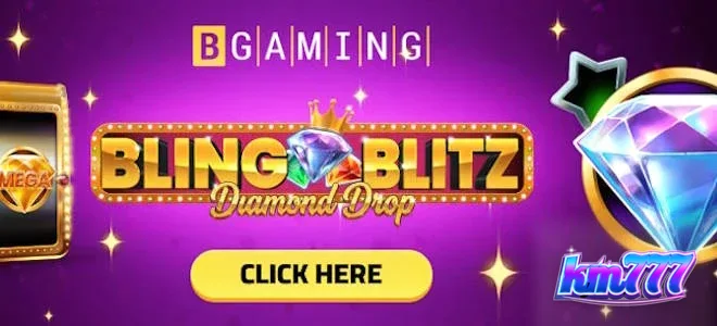 Tampilan visual mewah dari permainan slot Bling Blitz Diamond Drop dengan simbol berlian dan peti harta karun.